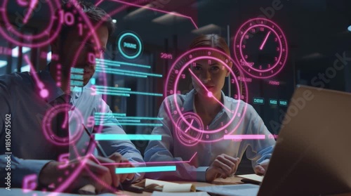 Ultra-realistic office video of an employee showing a glowing automated dashboard on a laptop to their manager, progress bars completing instantly, holographic timers showing 10 hours saved