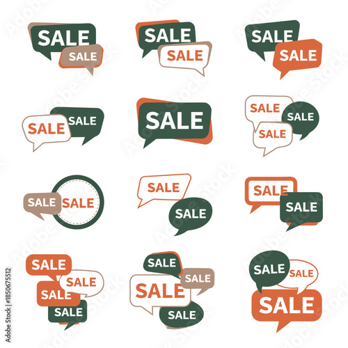 Multiple speech bubble sale icons and double label discount stickers for conversational marketing and social media retail shopping promotion design