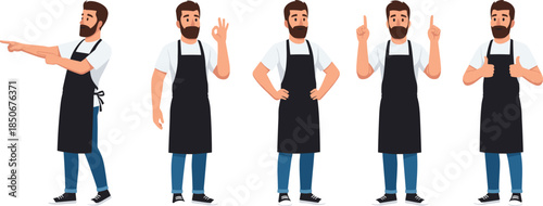 Bearded barista character set, flat vector illustration of cafe worker in apron showing different hand gestures and poses