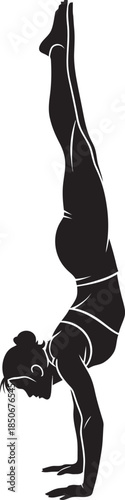 Elegant black silhouette vector of a female athlete performing a handstand. Side view showcasing perfect form and flexibility. Ideal for sports logos, fitness branding, gymnastics, minimalist designs.