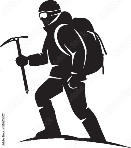Detailed black silhouette vector of a mountaineer in profile view. Features professional climbing gear including an ice axe and backpack. Ideal for outdoor adventure, hiking blogs, and extreme sports.