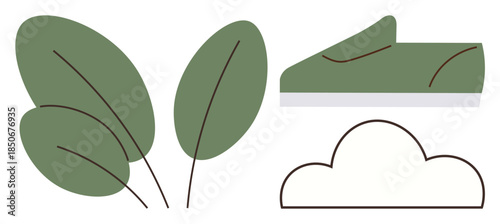 Green leaves, a minimalist sneaker, and a simple cloud. Ideal for themes thumbs up eco-consciousness, sustainability, outdoor lifestyle, environmental care, health green living clean design. Flat