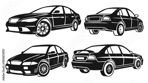 Car Silhouette Views Set Front Side Top Rear Vector Icons