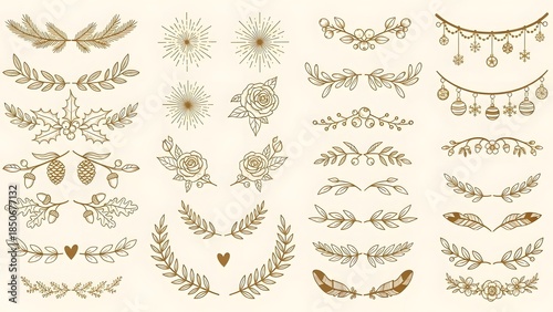 Collection of various gold floral and leafy decorative elements and borders on beige background