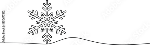 A beautiful single continuous black line draws a detailed snowflake pattern on a clean white