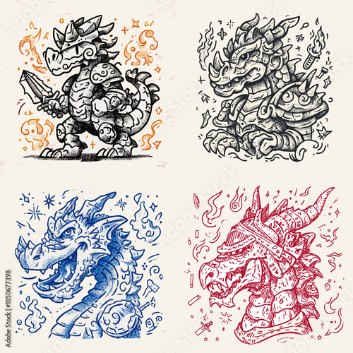 Illustrated mythical dragon characters in expressive hand drawn style with swirling motion and decorative elements inspired by folklore fantasy and traditional art.