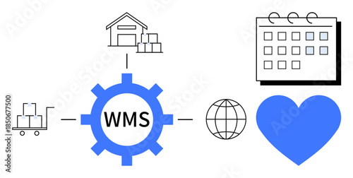 WMS gear linking inventory warehouse, delivery trolley, globe, schedule calendar, and heart icon. Ideal for logistics, planning, inventory, distribution workflow operations simple flat metaphor