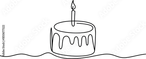 A cheerful single continuous line creates a round birthday cake with dripping icing and a lit candle