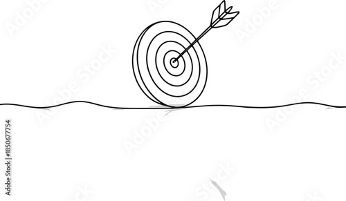 A clean single continuous line drawing shows a target with an arrow hitting its bullseye