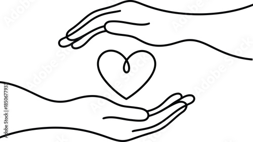 A continuous line drawing depicts two open hands gently cradling a single heart shape in the center