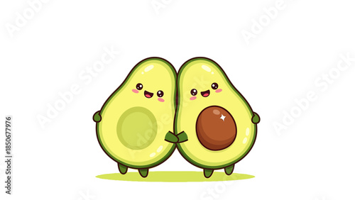 Two cute cartoon avocado halves holding hands and smiling, isolated
