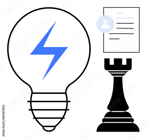 Business strategy, innovation, identity verification, problem solving, technology, decision-making. Lightbulb with lightning, user document and chess rook. Innovation and business strategy concept