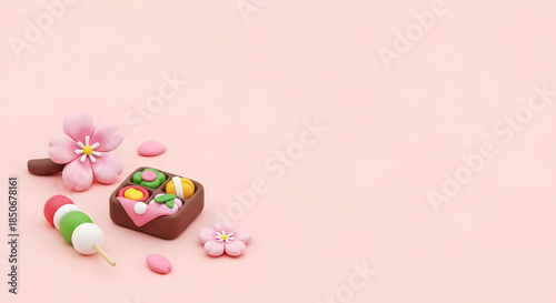お花見の桜と三色団子とかわいいお弁当のクレイアート背景