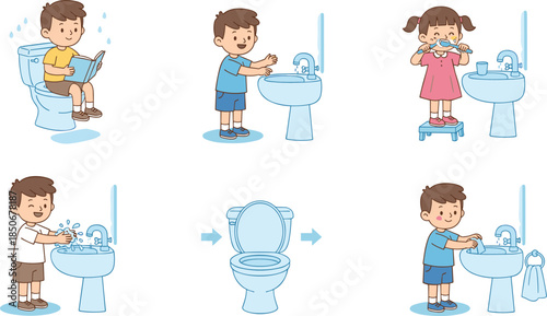 Kids bathroom hygiene routine vector illustration showing children toilet training hand washing brushing teeth daily habits education cartoon design
