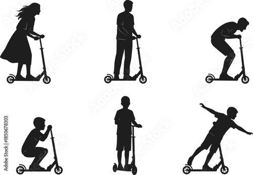Scooter rider silhouettes set, kids and adults riding kick scooters, urban sport activity poses, black people shapes, isolated vector illustration