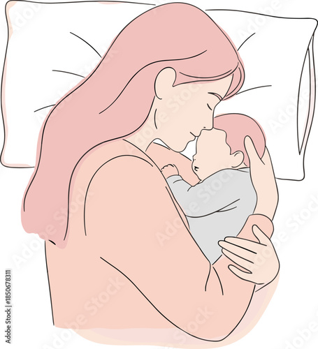 Mother cuddling newborn baby vector illustration showing maternal love bonding breastfeeding sleep care tenderness minimal line art style modern design