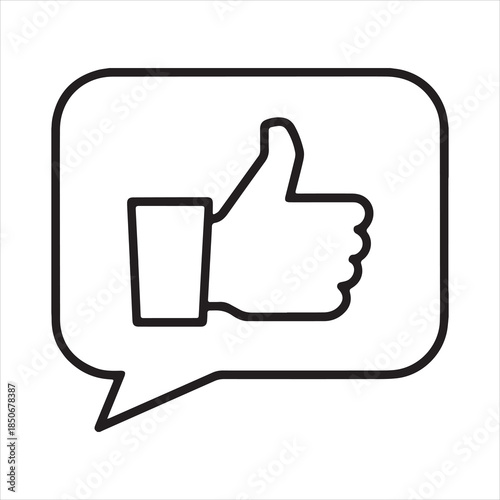 Simple line art icon of a thumbs up in a speech bubble
