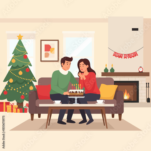 A happy couple celebrating Christmas with a birthday cake in a cozy winter scene, wishing everyone happy holidays