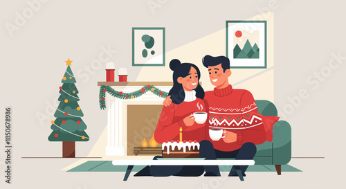 Christmas scene of a happy couple celebrating happy holidays with cake and coffee in a cozy winter living room with a decorated tree