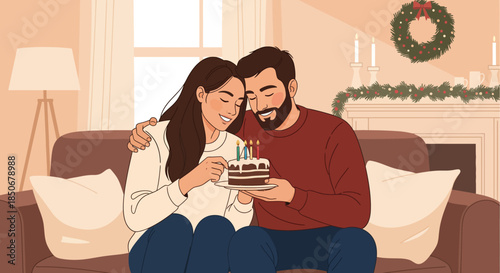 A heartwarming winter scene featuring a happy couple celebrating a special moment with cake, embodying the joy of Christmas and happy holidays in a cozy home setting