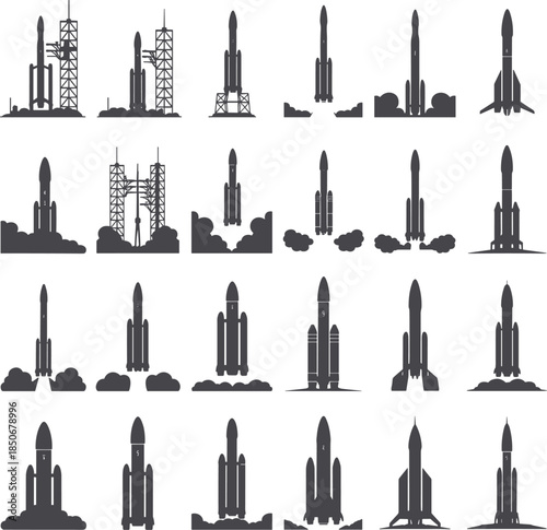 Black and white rocket launch silhouettes on white background