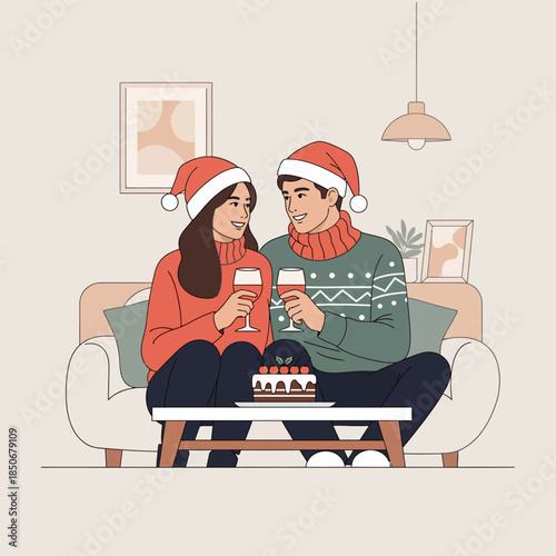 Heartwarming Christmas scene of a happy couple toasting with wine, celebrating happy holidays and a cozy winter evening together