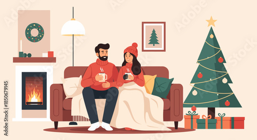Cozy Christmas scene of a happy couple celebrating happy holidays together during winter, enjoying warm drinks by the fireplace