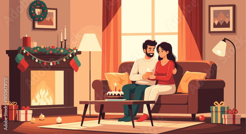Cozy Christmas Scene Happy Holidays and Winter Vibes with a Couple by the Fireplace