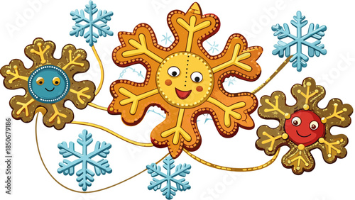 Whimsical snowflakes with smiling sun