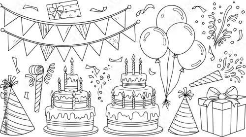 Birthday celebration scene with cakes balloons and gifts
