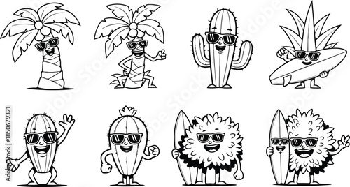 Cartoon cacti and palm trees with sunglasses