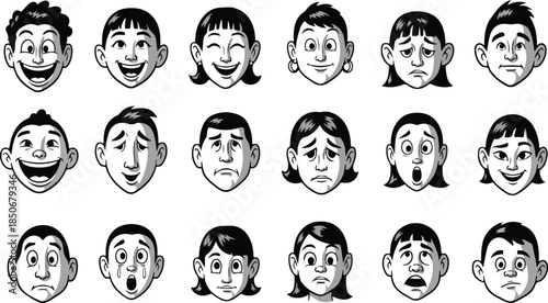 Collection of diverse cartoon faces with various emotions and reactions