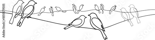 A minimalist continuous line drawing portrays several small birds peacefully resting on two thin wires
