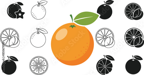 Orange fruit icon set, citrus slice sketch, juicy segment symbols, fresh tropical design, black and orange, flat vector illustration