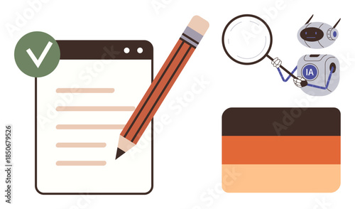 Pencil writing on paper with approval mark, AI robot analyzing content, palette colors. Ideal for proofreading, AI tools, writing, editing, automation, machine learning simple flat metaphor