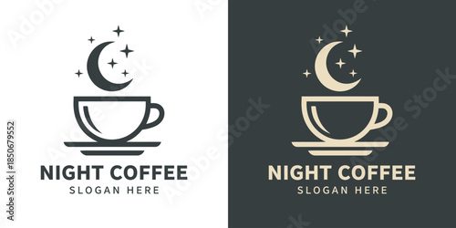 Night coffee logo design illustration. Coffee cup design with moon and star vector symbol inspiration.