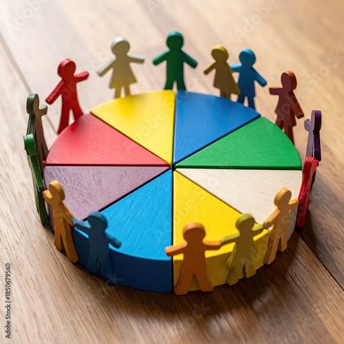 Colorful wooden pie chart surrounded by interconnected figures