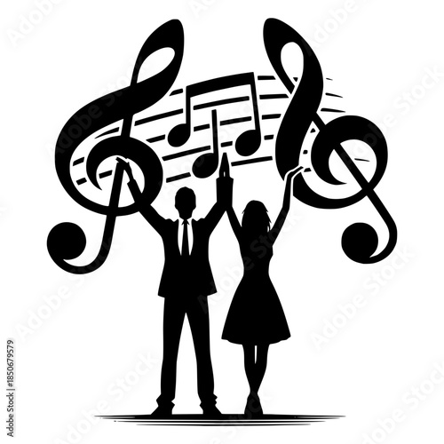 A silhouette of a man and a woman standing together and musical note flowing their heads depicting music vector illustration