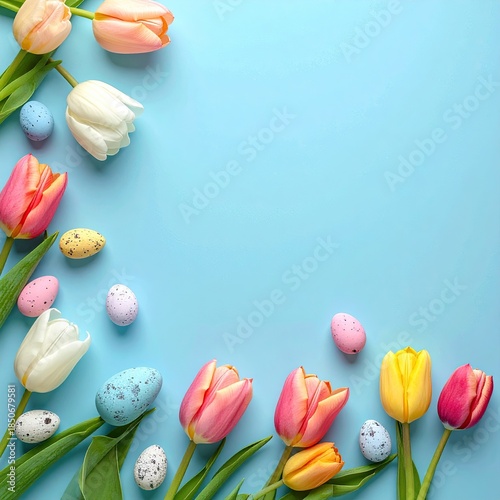 Pastel tulips and speckled eggs on a light blue background, creating a spring corner design