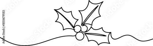 A simple continuous line drawing shows three holly leaves with two berries on a flowing line