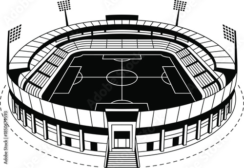 Black and white stadium with seating and field markings