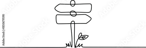 A simple continuous line drawing shows a signpost with two blank arrow shaped signs and a plant