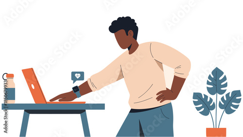 Man working on laptop at desk with plants nearby in a wellness-focused workplace environment from a side viewpoint