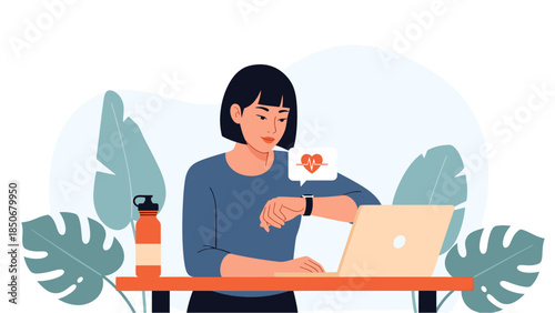 Woman enjoying workplace wellness while working on laptop surrounded by plants