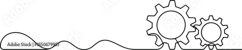 Continuous flowing line drawing depicting two perfectly interlocking gears on a plain white background