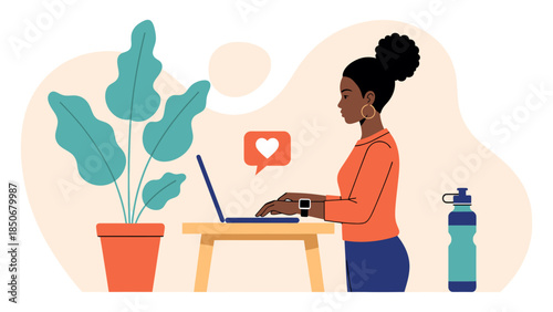 A woman working on a laptop at a desk with a plant and water bottle in a wellness-focused workplace environment from a side viewpoint.