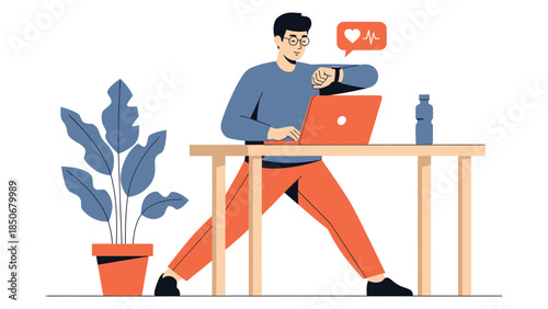 A person working on a laptop at a desk with a plant nearby in a modern office setting from a slightly elevated viewpoint