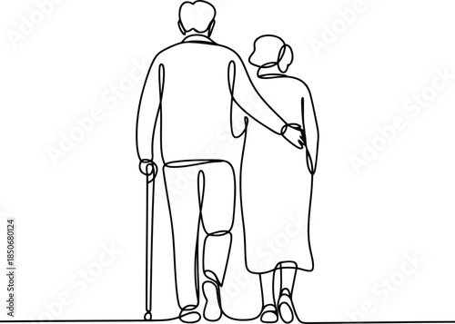 Elderly couple walks arm in arm, the man using a cane, showing companionship and support