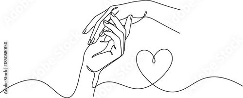 Elegant hands are gently touching, connected by a continuous single line forming a heart shape