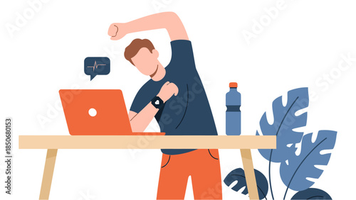 A person stretching at their desk with a laptop, water bottle, and plants in a modern office environment from a slightly elevated viewpoint.